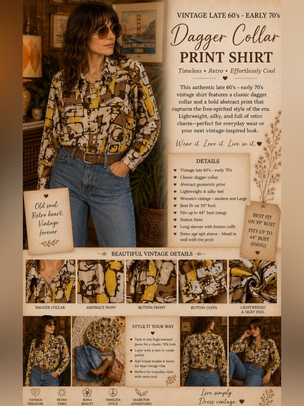 Vintage Abstract Print Button-Down Shirt in White, Yellow & Brown - AS IS